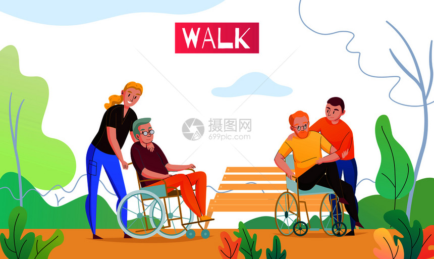 养老院户外活动与医务人员志愿者步行与轮椅界居民平矢量插图图片