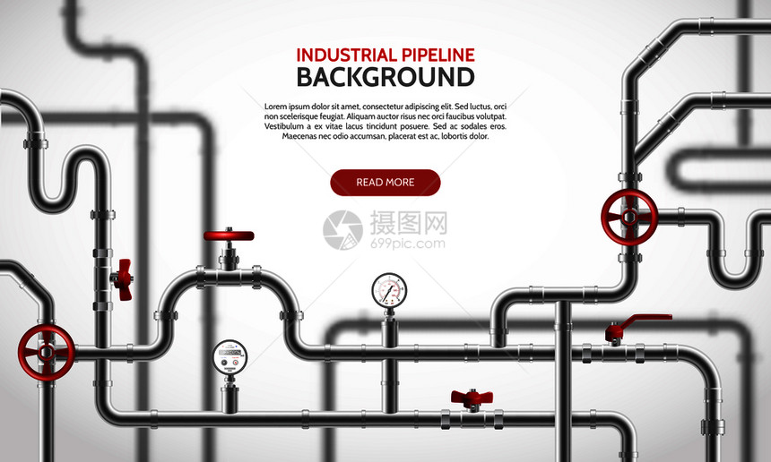 工业钢管道与红色水龙头现实背景矢量插图图片