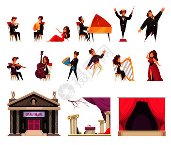 歌剧剧院平卡通元素与表演音乐家歌手指挥舞台窗帘装饰建筑矢量插图图片