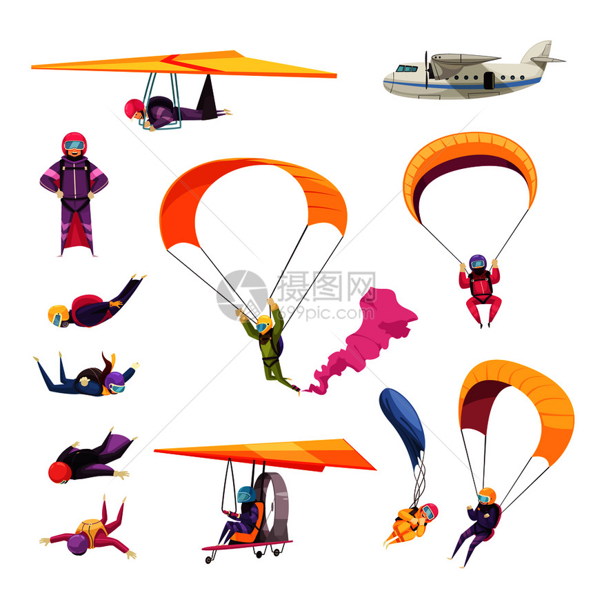 跳伞极限运动元素平图标收集与降落伞跳跃自由落体飞机滑翔机孤立矢量插图图片