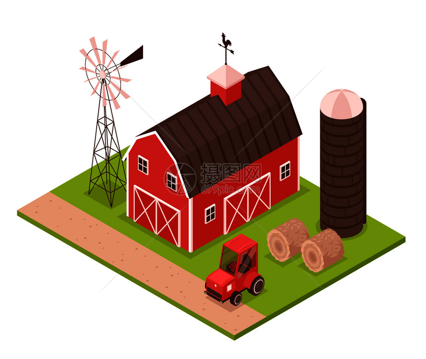 等距农场成与室外景观农场的房子与风塔农业运动图像矢量插图图片