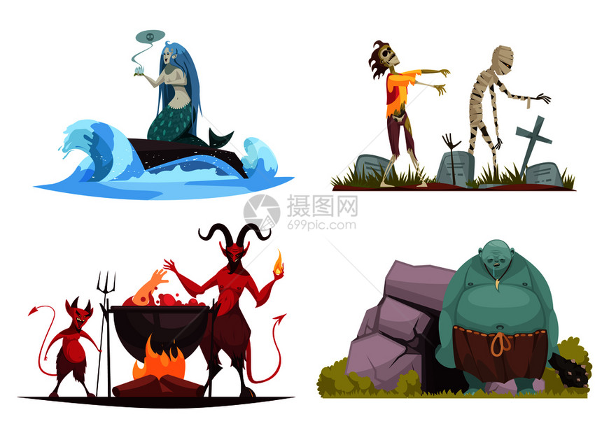 人物4卡通作品与的海巫婆欺骗美人鱼闹鬼墓地矢量插图图片