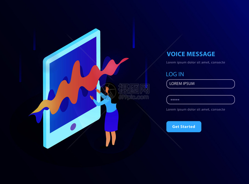 语音信息登陆页与妇女用她的智能手机收听语音信息等距矢量插图图片