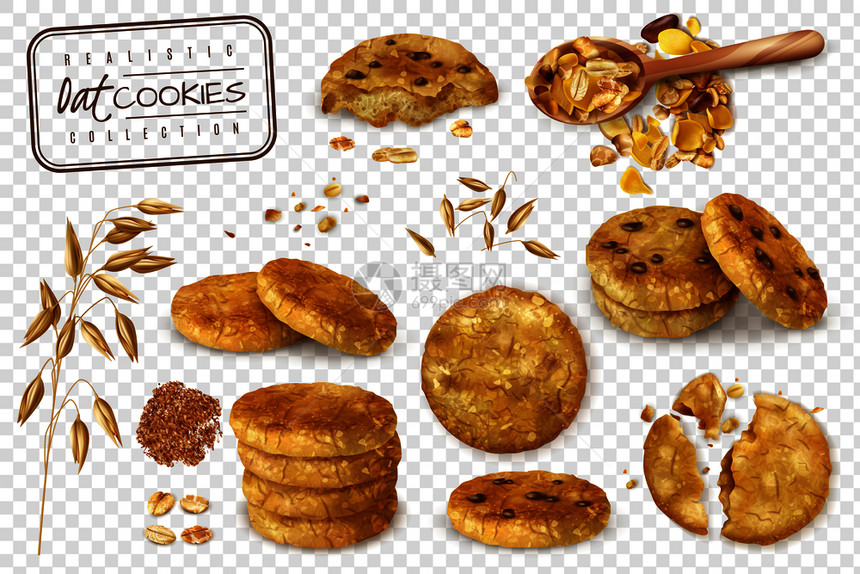 透明背景矢量插图上分离的燕麦饼干整体半的真实集合图片