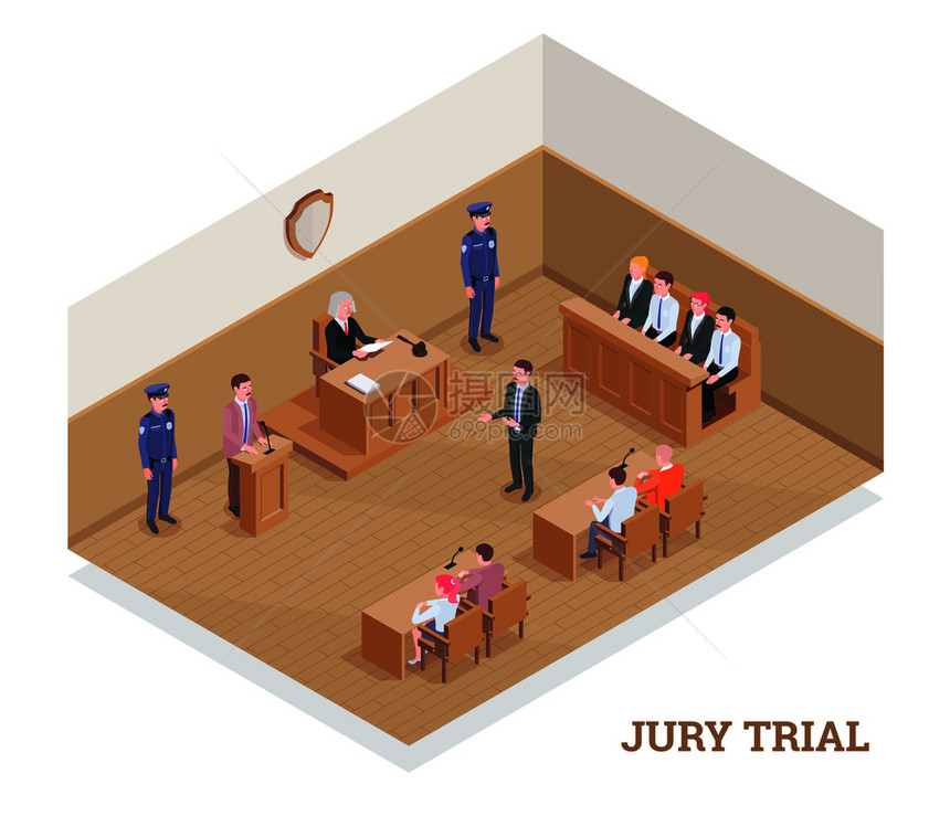 法律司法等距构图与文本法庭室会议期间与人物矢量插图图片
