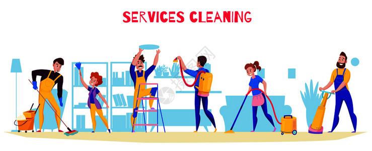清洁服务专业职责提供平水平成与地板清洗抛光吸尘架除尘矢量插图背景图片