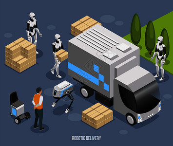 机器人输送系统等距成与可爱的全自动人形装卸无人卡车矢量插图背景图片