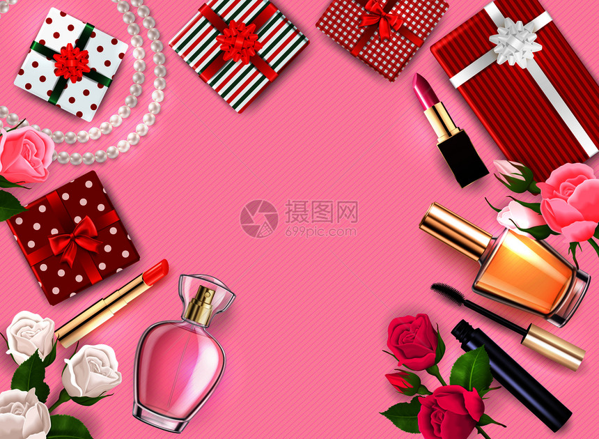 母亲日平平框与礼物,化妆品香水花粉红色背景矢量插图图片