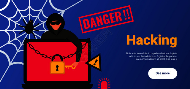 笔记本和女黑客黑客攻击海报与个人数据安全符号平矢量插图插画