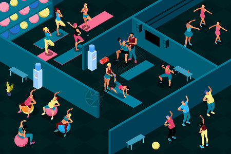男子妇女同的体育课程健身房三维水平等距矢量插图背景图片