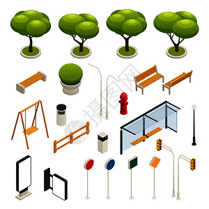 城市公交车站城市元素构造函数等距图标摆动道路标志,树木,长凳,公交车站矢量插图插画