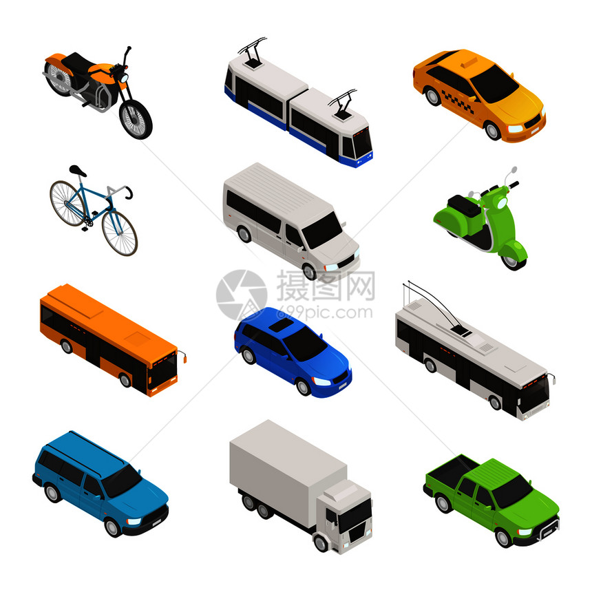 城市交通等距图标同的孤立出租车公共汽车自行车摩托车无轨电车皮卡矢量插图图片