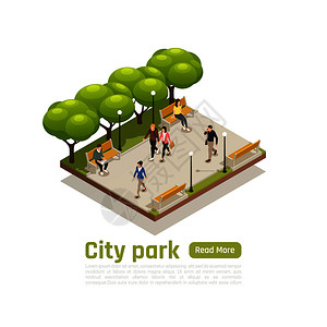 公园全景图城市等距与城市公园标题阅读更多按钮步行人民矢量插图插画