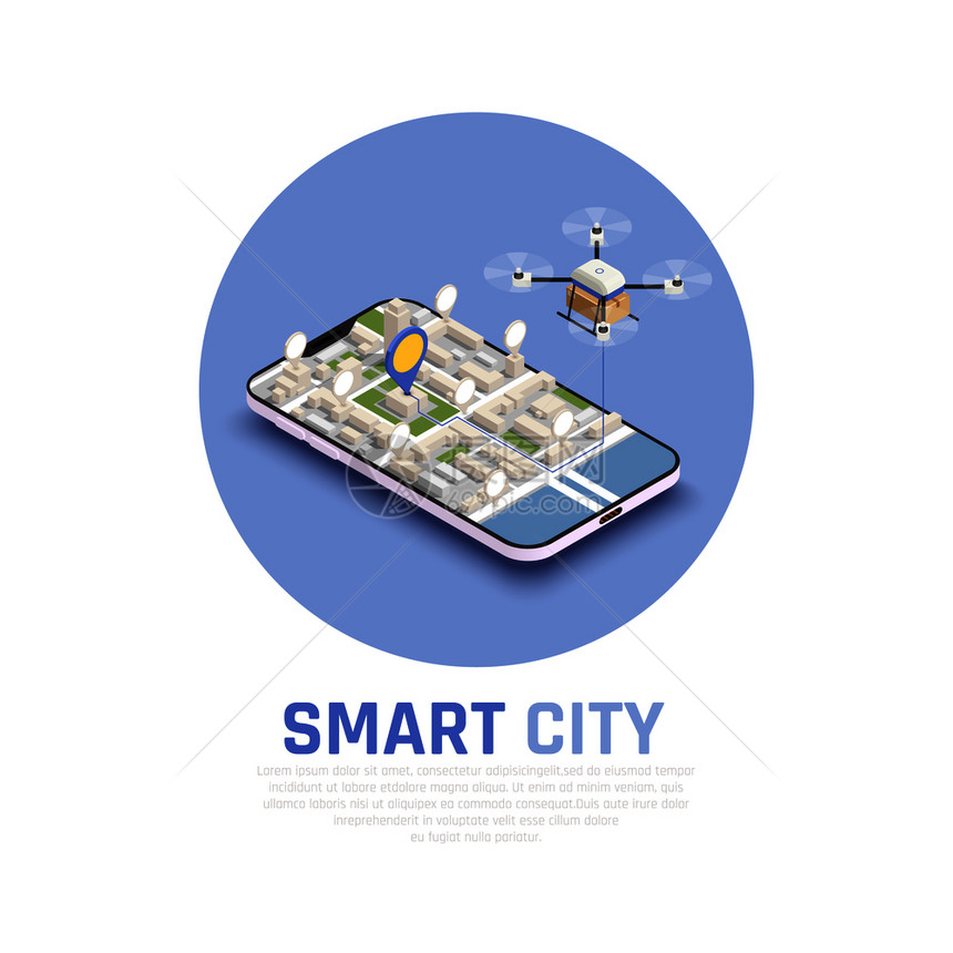 彩色智能城市等距构图与三维抽象无人机智能手机矢量插图图片