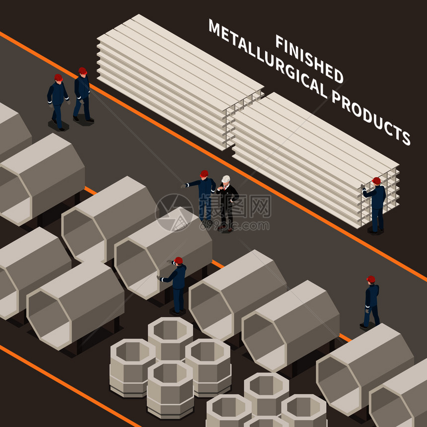 金属工业等距成与工人冶金产品三维矢量插图图片