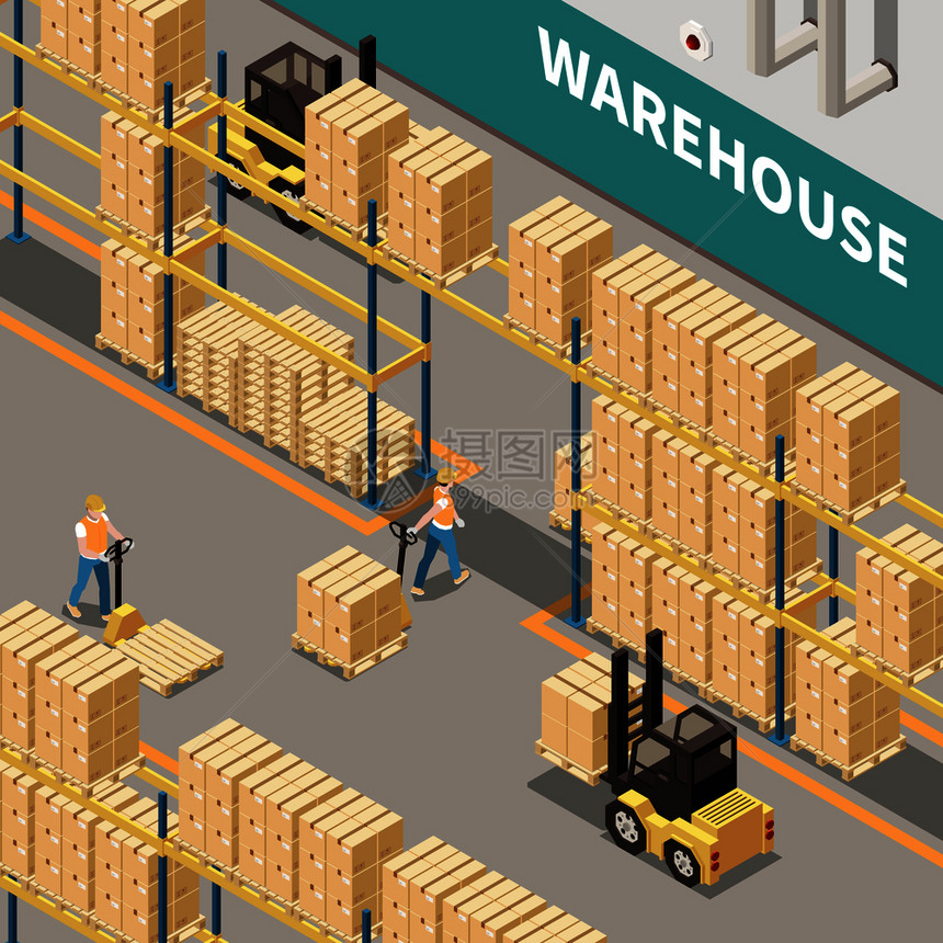 仓库货架与纸板箱叉车两名工人三维等距隔离矢量插图图片