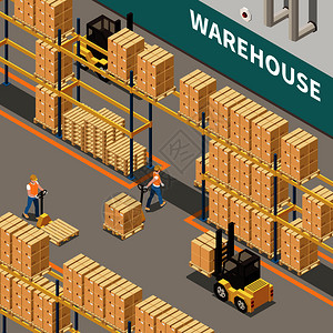 仓库货架素材仓库货架与纸板箱叉车两名工人三维等距隔离矢量插图插画