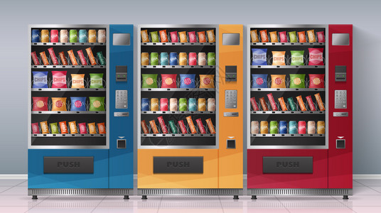 现实的海报与三个多色自动售货机充满饮料零食矢量插图背景图片