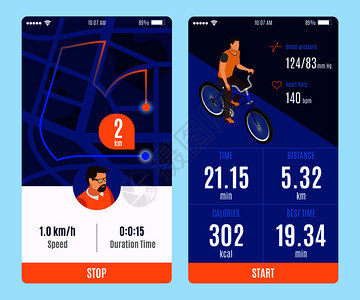 两种变体的自行车骑移动应用程序与开始停止按钮持续时间距离卡路里速度参数等距矢量插图插画