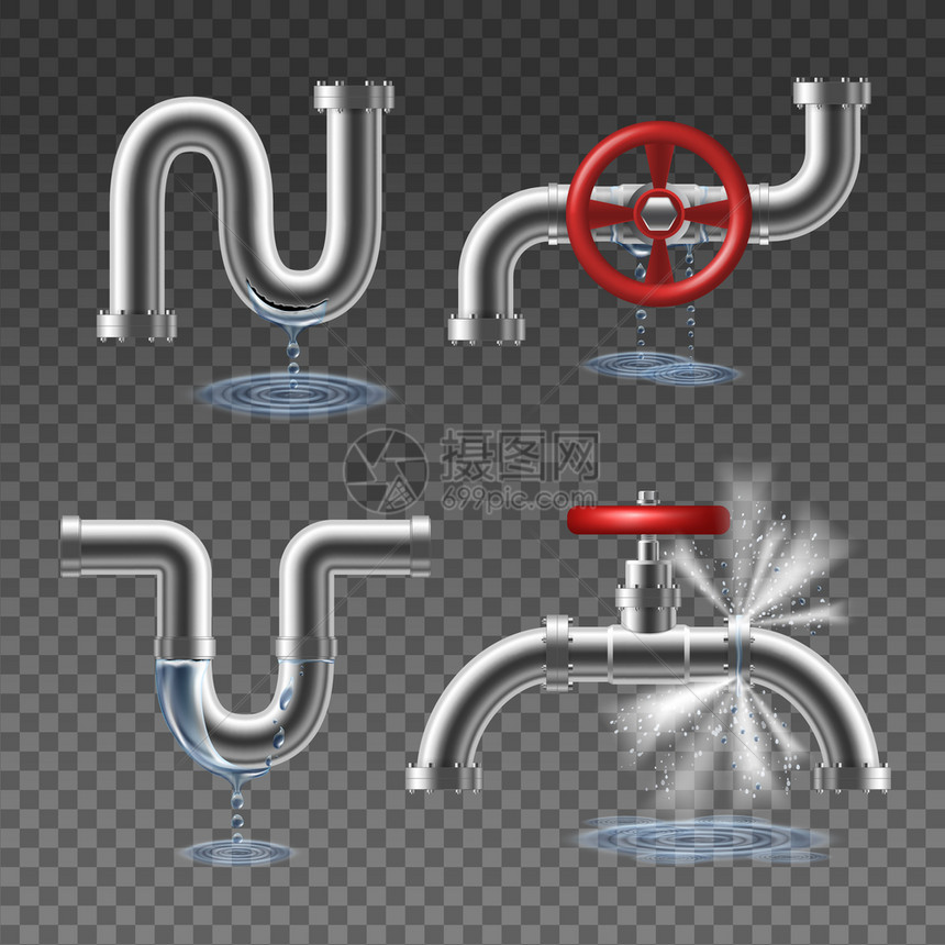管道爆裂水滴飞溅的水写实2x2孤立透明背景矢量插图上图片