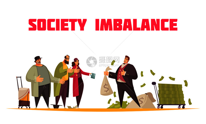 社会平衡平卡通水平构图与富人持麻袋美元穷人乞丐矢量插图图片