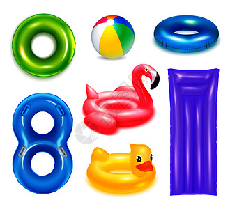 火烈鸟玩具充气橡胶玩具游泳圈套真实图像的圆形幼稚的水矢量插图插画