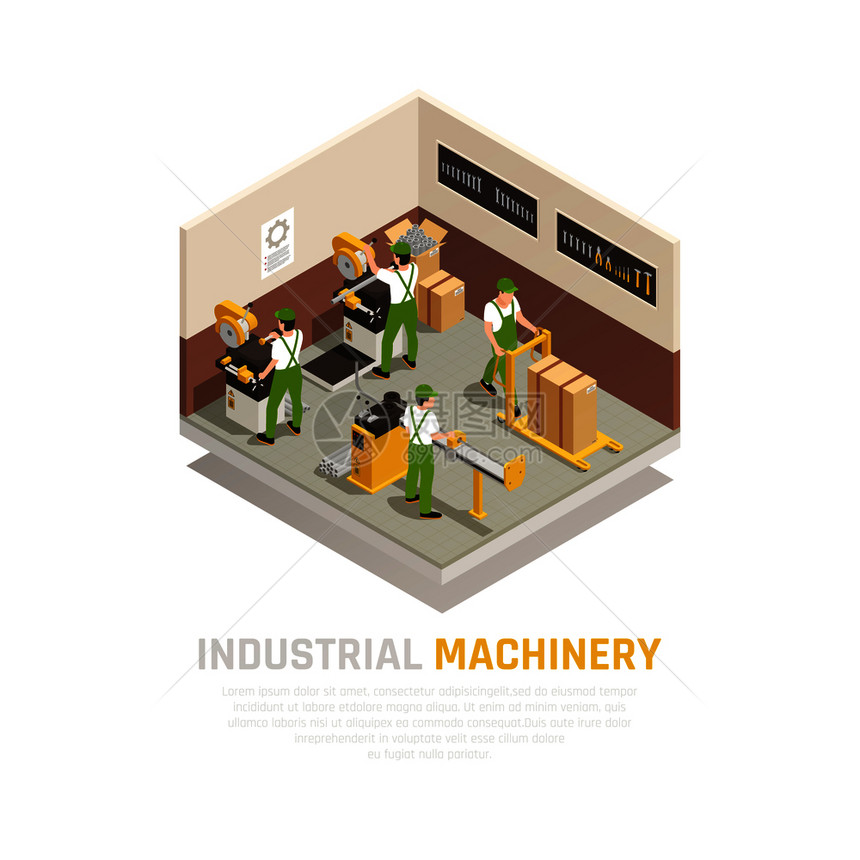 工业机械等距成与工厂工人符号矢量插图图片