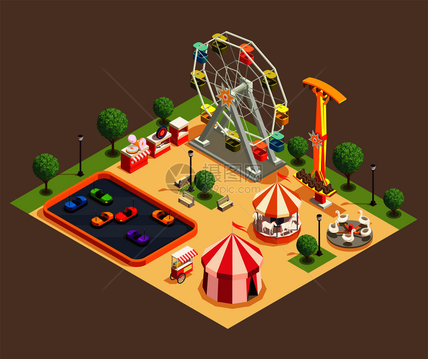 游乐园五颜六色的构图与马戏各种景点三维等距矢量插图图片