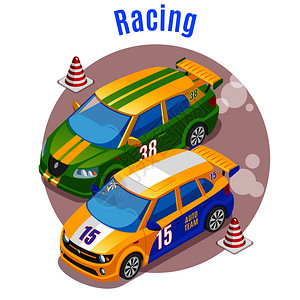 赛车运动与赛车轨道锥符号等距矢量插图图片