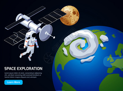 探索等距背景与文本学更多的按钮图像的太空行走宇航员卫星矢量插图图片