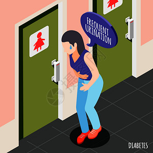 宣传片素材糖尿病等距背景与轻妇女抱着她的胃患尿频矢量插图插画