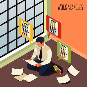 坐地板上工作搜索等距背景与男考虑职位空缺坐地板矢量插图插画