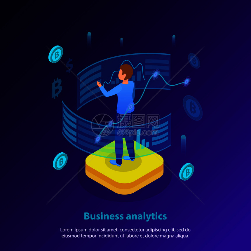 商业分析辉光等距背景海报与交互式数据分析金融货币符号矢量插图图片