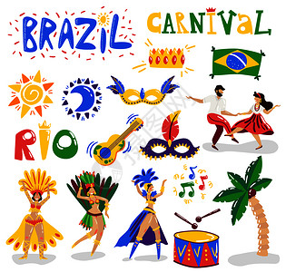 里约热内卢狂欢节巴西狂欢节庆祝活动,彩色符号,人物收集与音乐,乐器,舞者,服装,具,矢量插图插画