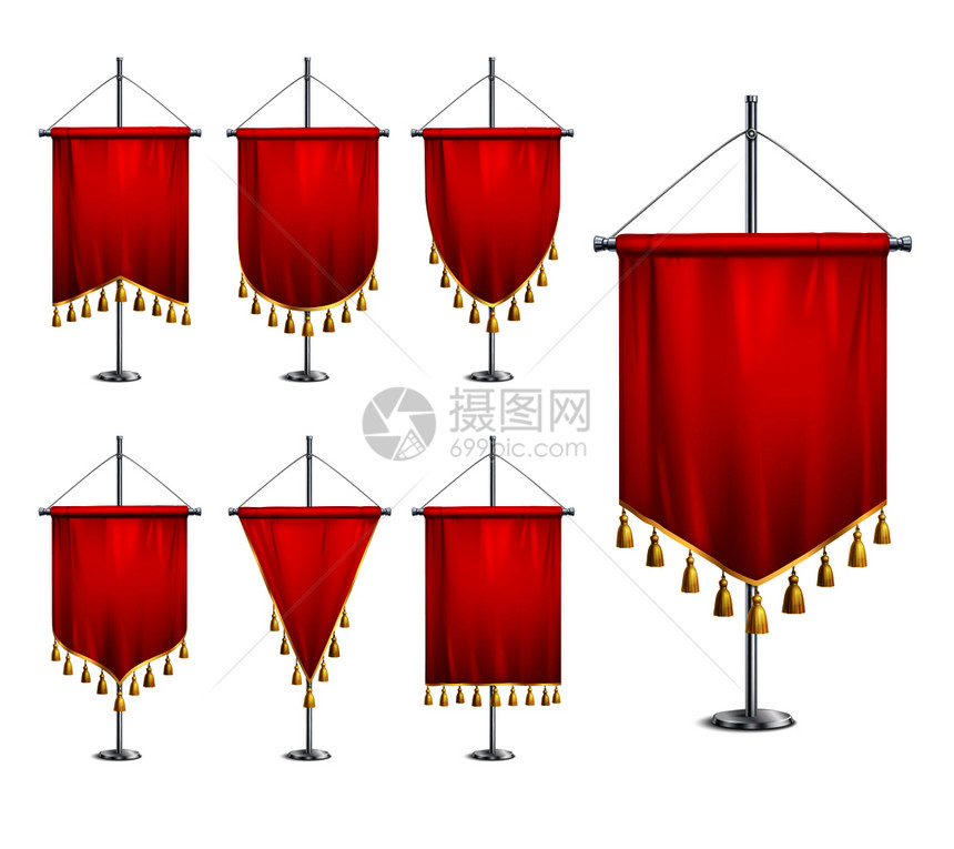 缎子红色各种形状的与金色流苏条纹钢尖塔基座现实矢量插图图片