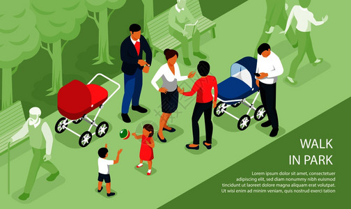 公园散步推宝宝孩子们公园里玩户外散步,父母的孩子们婴儿车等距构图矢量插图中打盹插画