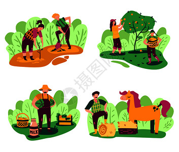 生态农业合户外风景工作人员人物与国内产品植物矢量插图图片