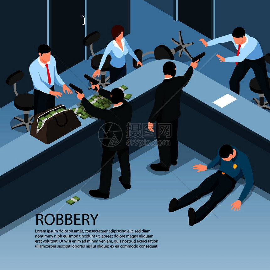 等距犯罪背景与室内风景的抢劫人物的钱袋支矢量插图图片