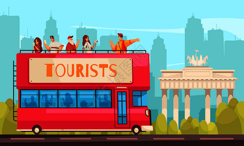 旅行讲解导游导游游览游客成与观光巴士人户外城市风景与城市景观背景矢量插图插画