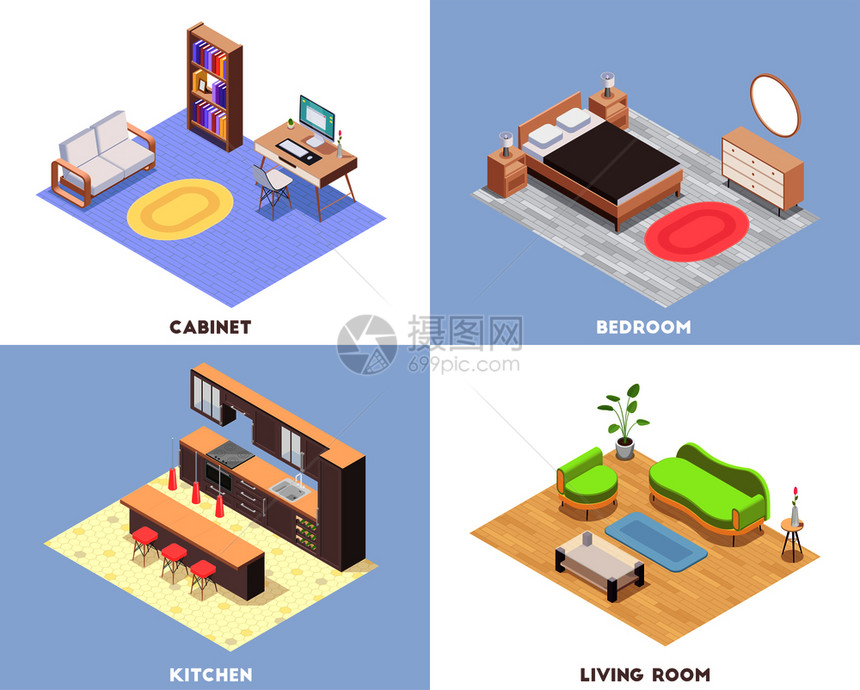 四格室内家具等距集与橱柜卧室厨房客厅描述矢量插图图片