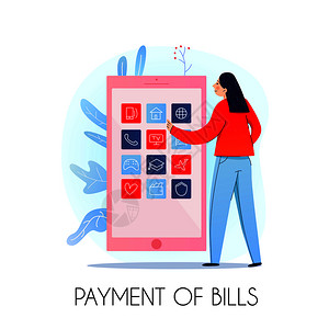 手机银行矢量插图,妇女线支付账单的平构成图片