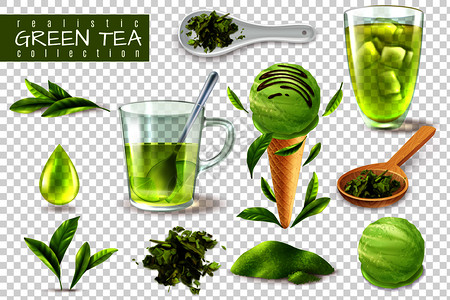 勺子里透明药真实的绿茶套装,透明的背景矢量插图上杯子勺子自然叶子的孤立图像插画