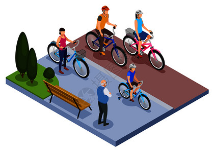 人与自行车等距成与家庭骑自行车城市公园矢量插图图片