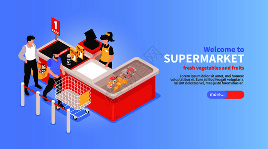 蔬菜水果超市超市网站水平等距与线蔬菜水果杂货店提供篮子客户支付符号矢量插图插画