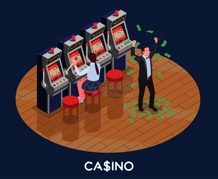 等距构图与女人玩老虎机游戏男人赢得金钱赌场3D矢量插图图片
