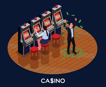等距构图与女人玩老虎机游戏男人赢得金钱赌场3D矢量插图图片
