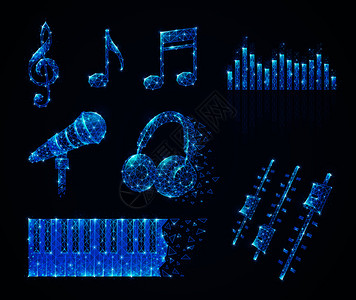 数字音乐音乐媒体多边形线框闪光图像与形状音符麦克风耳机钥匙矢量插图插画