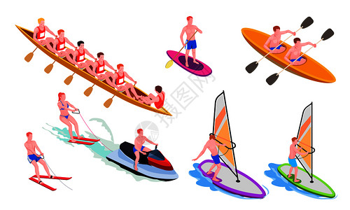 隔离等距水运动图标与潜水风帆皮划艇浮潜矢量插图背景图片