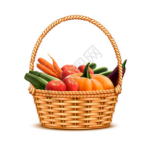 柳条篮子把装满新鲜农贸市场收获蔬菜特写逼真的图像矢量插图图片
