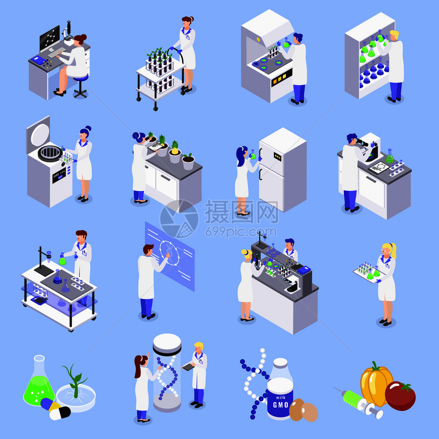 生物工程基因技术等距图标与实验室基因DNA植物食品分离载体插图图片